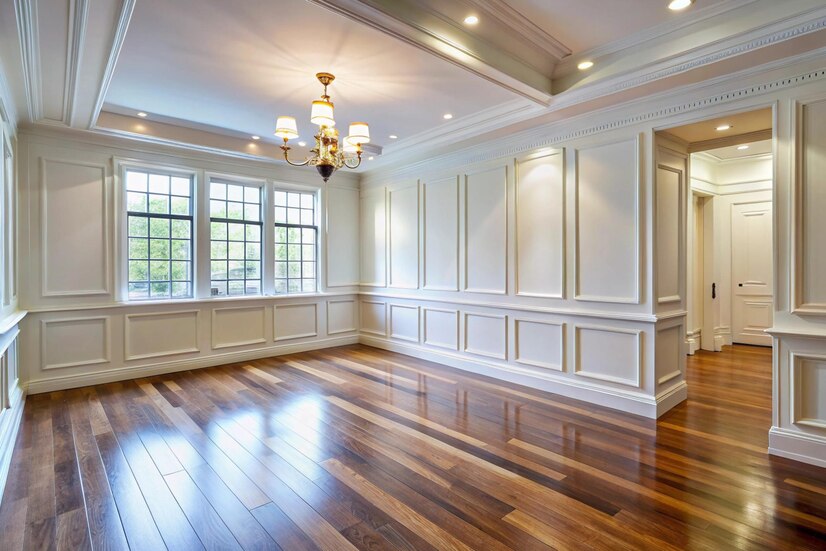 Various types of baseboards installed in a modern home, including flat, ornate, and high-rise baseboards.